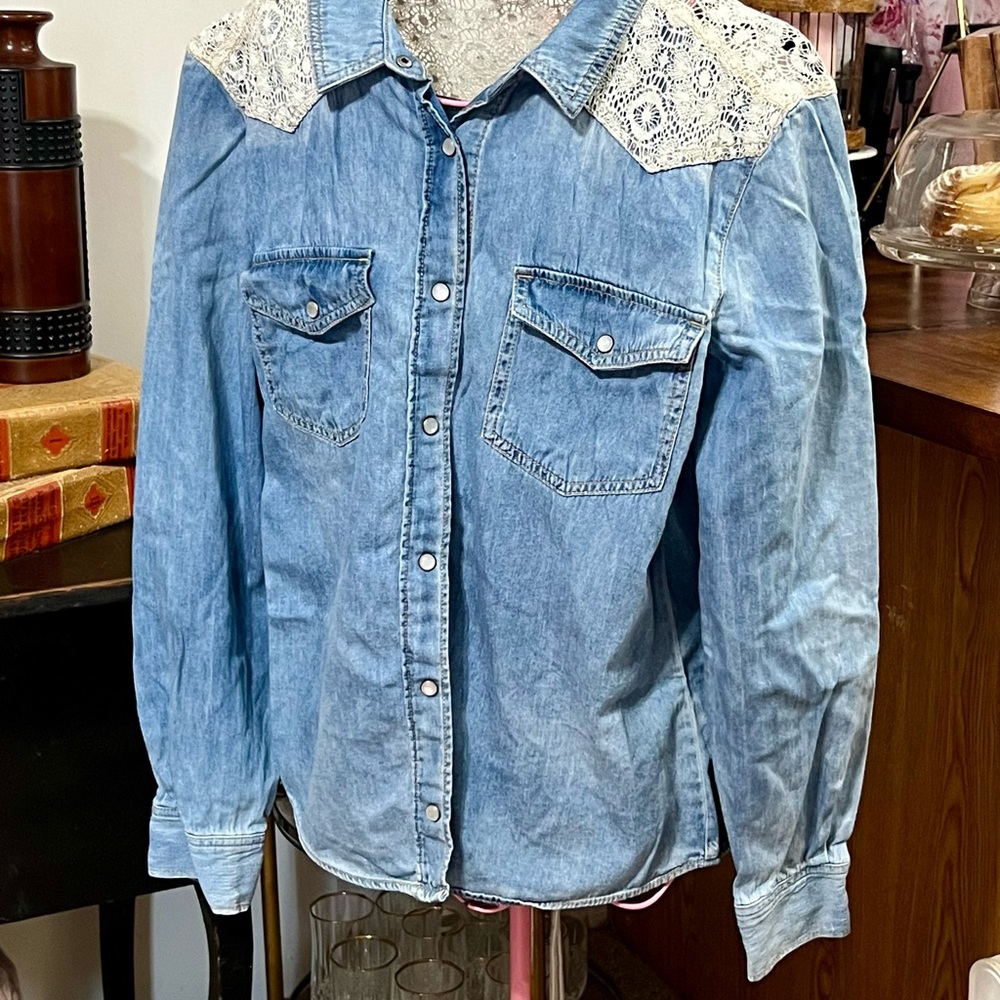 Mudd Blue Denim Top with Lace Details